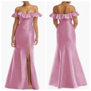 NWT ALFRED SUNG Elegant Pink Ruffle Off-Shoulder Evening Gown Powder Pink